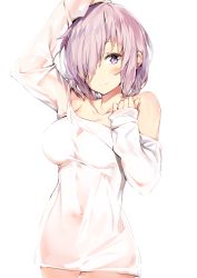 Rule 34 | 1girl, arm up, bare shoulders, blush, breasts, closed mouth, collarbone, commentary request, covered navel, cowboy shot, fate/grand order, fate (series), hair over one eye, hand on own head, head tilt, highres, large breasts, long sleeves, looking at viewer, mash kyrielight, naked shirt, navel, off shoulder, purple eyes, see-through, shirt, short hair, silver (chenwen), simple background, sleeves past wrists, smile, solo, wet, wet clothes, wet shirt, white background, white shirt