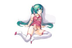 Rule 34 | 1girl, absurdres, arm support, disembodied limb, female masturbation, fingering, full body, green eyes, green hair, hand in panties, hatsune miku, highres, leaning back, long hair, masturbation, no pants, panties, panty pull, print panties, pulling another&#039;s clothes, red shirt, shirt, simple background, sitting, solo, t-shirt, thighhighs, thighs, twintails, underwear, vocaloid, white background, white panties, white thighhighs, zhongye yu