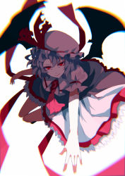 Rule 34 | 1girl, ascot, bat wings, blue hair, bow, chiruru96, chromatic aberration, hat, hat bow, looking at viewer, mob cap, outstretched arm, puffy sleeves, red eyes, remilia scarlet, ribbon, shirt, short hair, short sleeves, simple background, skirt, skirt set, smile, solo, touhou, white background, wings