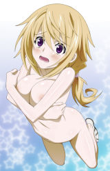 Rule 34 | 10s, 1girl, blonde hair, blush, breasts, charlotte dunois, cleavage, covering privates, covering breasts, from above, highres, infinite stratos, kekke, kneeling, large breasts, long hair, looking up, navel, nipples, nude, nude cover, open mouth, ponytail, purple eyes, scared, solo, tears, thighs, wide-eyed