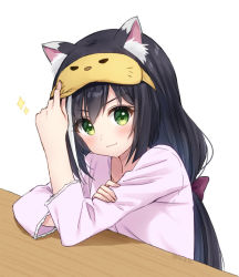 Rule 34 | 1girl, :3, animal ear fluff, animal ears, anz32, bad id, bad pixiv id, blush, bow, cat ears, cat girl, closed mouth, commentary request, hair bow, karyl (princess connect!), long hair, long sleeves, low twintails, multicolored hair, pink shirt, princess connect!, purple bow, shirt, simple background, sleep mask, smile, smug, solo, sparkle, streaked hair, table, twintails, twitter username, upper body, v-shaped eyebrows, very long hair, white background, white hair