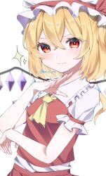 Rule 34 | &gt;:), 1girl, arm under breasts, ascot, blonde hair, blush, breasts, bright pupils, closed mouth, commentary request, crossed bangs, crystal, eyelashes, eyes visible through hair, flandre scarlet, frilled shirt collar, frills, hair between eyes, hand up, hat, highres, looking at viewer, medium hair, mob cap, noisy ma, puffy short sleeves, puffy sleeves, red eyes, red vest, shirt, short sleeves, simple background, small breasts, smile, smug, solo, sparkle, touhou, tsurime, twitter username, upper body, v-shaped eyebrows, vest, white background, white hat, white shirt, wings, yellow ascot