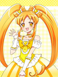 Rule 34 | bare shoulders, blonde hair, blush, bow, detached sleeves, earrings, frills, hair ornament, hand up, heart, heart hair ornament, hoop skirt, jewelry, kagami chihiro, long hair, magical girl, open mouth, original, plaid, plaid background, precure, smile, twintails, very long hair, waving, yellow background