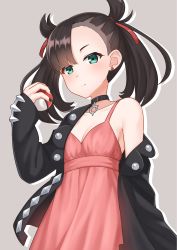 Rule 34 | aqua eyes, arm at side, asymmetrical bangs, black jacket, black nails, breasts, cleavage, closed mouth, collarbone, commentary, creatures (company), dress, earrings, english commentary, expressionless, from below, game freak, hair ribbon, highres, holding, holding poke ball, jacket, jewelry, kurisu-kun, long hair, looking at viewer, looking down, marnie (pokemon), nail polish, nintendo, off shoulder, open clothes, open jacket, pink dress, poke ball, poke ball (basic), pokemon, pokemon swsh, red ribbon, ribbon, small breasts, solo, stud earrings, sundress, twintails, upper body