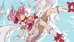 Rule 34 | 10s, 1girl, bad id, bad pixiv id, bubble skirt, edoya inuhachi, feathers, floating, gloves, hair ribbon, high heels, kaname madoka, magical girl, mahou shoujo madoka magica, mahou shoujo madoka magica (anime), open mouth, pink hair, puffy sleeves, ribbon, short hair, short twintails, skirt, sky, solo, twintails