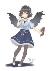 Rule 34 | 1girl, ;), alternate costume, black choker, black hair, black wings, blue shirt, blue skirt, blush, book, camisole, casual, choker, commentary request, contemporary, feathered wings, full body, grey pantyhose, hand up, highres, holding, holding book, holding pen, looking at viewer, no headwear, one eye closed, pantyhose, pen, petticoat, puffy short sleeves, puffy sleeves, red eyes, ribbon, shadow, shameimaru aya, shirt, shoes, short sleeves, signature, simple background, skirt, smile, solo, standing, striped, touhou, toutenkou, vertical stripes, white background, white footwear, white ribbon, wings