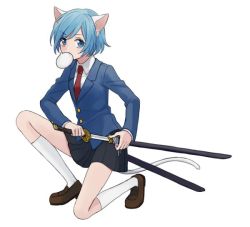Rule 34 | 1girl, animal ears, baozi, black skirt, blazer, blue eyes, blue hair, blue jacket, brown footwear, buttons, cat ears, cat tail, catsister (elona), collared shirt, elona, eyebrows, eyes visible through hair, facing away, flat chest, food, food in mouth, full body, hair between eyes, holding, holding sword, holding weapon, jacket, katana, kinu doufu, kneehighs, kneeling, loafers, long sleeves, looking away, looking to the side, miniskirt, mouth hold, necktie, on one knee, red necktie, sheath, shirt, shoes, short hair, simple background, skirt, socks, solo, swept bangs, sword, tail, unsheathing, weapon, white background, white shirt, white socks