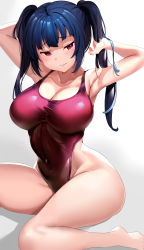 Rule 34 | 1girl, alternate breast size, armpits, arms up, blue hair, breasts, cleavage, collarbone, competition swimsuit, covered navel, grey background, hand in own hair, highres, large breasts, long hair, looking at viewer, love live!, love live! sunshine!!, one-piece swimsuit, red eyes, red one-piece swimsuit, sidelocks, simple background, sitting, solo, swimsuit, tem10, thighs, tsushima yoshiko, twintails, two side up, wariza