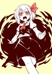 Rule 34 | 1girl, absurdres, ascot, darkness, embodiment of scarlet devil, female focus, flat color, from below, hair ribbon, high contrast, highres, juliet sleeves, long sleeves, looking at viewer, midriff, navel, oninamako, open mouth, outstretched arms, partially colored, puffy sleeves, red eyes, ribbon, rumia, shirt, shoot the bullet, short hair, simple background, skirt, smile, solo, spread arms, standing, standing on one leg, touhou, vest, wrists extended, yellow background