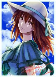Rule 34 | 10s, 1girl, blue dress, bow, canon memphis, cloud, dated, day, dress, happy birthday, hat, hat ribbon, long hair, looking at viewer, machi fuka, red eyes, red hair, ribbon, signature, sky, smile, solo, soukyuu no fafner, sun hat
