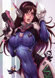 Rule 34 | 1girl, animal print, animalization, arm up, artist name, bird, blush, bodysuit, breasts, brown eyes, brown hair, charm (object), covered navel, cowboy shot, d.va (overwatch), facepaint, facial mark, finger on trigger, gloves, grey background, gun, handgun, headphones, high collar, holding, holding gun, holding weapon, kachima, long hair, looking at viewer, medium breasts, open mouth, overwatch, overwatch 1, pilot suit, pink lips, pinky out, pistol, rabbit print, reaper (overwatch), ribbed bodysuit, shoulder pads, signature, skin tight, soldier: 76 (overwatch), star (symbol), striped, striped background, surprised, swept bangs, vertical stripes, weapon, whisker markings, white background, white gloves