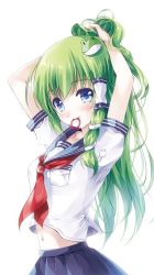 Rule 34 | 1girl, alternate costume, arms up, blue eyes, blue sailor collar, blue skirt, blush, breast pocket, breasts, commentary request, contemporary, frog hair ornament, green hair, hair ornament, hair tie, hair tie in mouth, hair tubes, kochiya sanae, long hair, looking at viewer, midriff, miyase mahiro, mouth hold, navel, neckerchief, pleated skirt, pocket, red neckerchief, sailor collar, school uniform, serafuku, short sleeves, sidelocks, simple background, skirt, small breasts, smile, snake hair ornament, solo, touhou, tying hair, upper body, white background