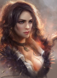 Rule 34 | 1girl, blue eyes, breasts, choker, cleavage, enshanlee, feathers, lips, long hair, medium breasts, realistic, serious, shirt, solo, the witcher (series), the witcher 3, unbuttoned, yennefer of vengerberg