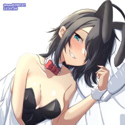 Rule 34 | 1girl, ahoge, animal ears, black hair, black leotard, blue eyes, bow, bowtie, dated, detached collar, hair ornament, hairclip, kako (kancolle), kantai collection, leotard, long hair, lying, m.a.o, messy hair, on side, one-hour drawing challenge, parted bangs, parted lips, playboy bunny, ponytail, rabbit ears, red bow, red bowtie, simple background, smile, solo, strapless, strapless leotard, twitter username, under covers, upper body, white background, wrist cuffs