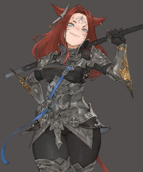 Rule 34 | 1girl, animal ears, armor, warrior of light (ff14), blue eyes, brown hair, cat ears, cat tail, commission, earrings, facial mark, fang, final fantasy, final fantasy xiv, greaves, grey background, hand on own hip, highres, holding, holding weapon, jewelry, long hair, miqo&#039;te, n9+, over shoulder, pauldrons, shoulder armor, simple background, skeb commission, skin fang, smile, solo, spikes, tail, tight clothes, vambraces, weapon, weapon over shoulder, whisker markings