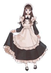 Rule 34 | 1girl, :d, apron, black dress, black footwear, blush, brown hair, collared dress, dress, frilled apron, frilled dress, frills, full body, kashiwagi chisame, long hair, long sleeves, looking at viewer, maid, maid headdress, mary janes, open mouth, original, shoes, sidelocks, simple background, sketch, skirt hold, smile, solo, standing, white apron