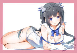 Rule 34 | 10s, 1girl, arm ribbon, bare legs, black hair, blue eyes, blue ribbon, breasts, byte (allbyte), cleavage, cleavage cutout, clothing cutout, commentary request, dress, dungeon ni deai wo motomeru no wa machigatteiru darou ka, gloves, hair ribbon, hestia (danmachi), highres, large breasts, long hair, looking at viewer, lying, rei no himo, ribbon, short dress, smile, solo, twintails, white dress, white gloves