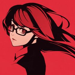 Rule 34 | eyelashes, glasses, lips, long hair, looking back, moshimoshibe, persona, persona 5, persona 5 the royal, portrait, red background, red eyes, red hair, red shirt, red theme, shirt, simple background, spoilers, texture, yoshizawa kasumi