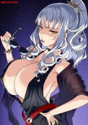 Rule 34 | 1girl, black neckwear, breasts, carmilla (fate), choker, cleavage, commentary request, covered erect nipples, curly hair, unworn eyewear, fang, fate/grand order, fate (series), hand on own hip, highres, holding, holding removed eyewear, huge breasts, kloah, long hair, looking at viewer, ponytail, sideboob, silver hair, simple background, solo, sunglasses, yellow eyes