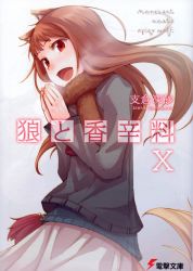 Rule 34 | 00s, absurdres, animal ears, ayakura juu, blush, breath, brown hair, cold, cover, cover page, highres, holo, long hair, novel cover, official art, own hands together, red eyes, scan, scarf, smile, solo, spice and wolf, tail, wolf ears, wolf tail