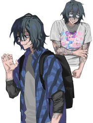 Rule 34 | 1boy, arm tattoo, averting eyes, backpack, bag, black bag, blue eyes, blue shirt, cropped torso, crying, crying with eyes open, glasses, grey shirt, hair between eyes, hand on own arm, hand up, highres, irasutoya, long sleeves, looking at viewer, male focus, multiple views, nervous smile, open mouth, original, otaku, plaid, plaid shirt, print shirt, shirt, short hair, short sleeves, simple background, smile, snot, sweatdrop, t-shirt, tattoo, tears, turn pale, white background, white shirt, zashima