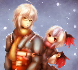 Rule 34 | 1boy, 1girl, :t, amano jack, arm up, armband, bad id, bad pixiv id, coat, glasses, grey background, head wings, holding another&#039;s arm, japanese clothes, light smile, long sleeves, looking at another, looking back, morichika rinnosuke, multicolored hair, parted lips, red eyes, scarf, short hair, skirt, snow, tokiko (touhou), touhou, two-tone hair, white hair, wide sleeves, wings, yellow eyes