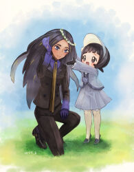 Rule 34 | 2girls, :d, black footwear, black gloves, black hair, black jacket, black pants, blue eyes, blue gloves, blue shirt, blunt bangs, blush, bright pupils, buttons, closed mouth, commentary request, creatures (company), day, double-breasted, dress, eyelashes, flower wreath, game freak, geeta (pokemon), gloves, grass, jacket, long hair, long sleeves, multiple girls, neck ribbon, nintendo, on one knee, open mouth, outdoors, pants, pantyhose, pokemon, pokemon sv, poppy (pokemon), ribbon, shirt, shoes, short hair, signature, smile, standing, tiptoes, wss (nicoseiga19993411), yellow ribbon