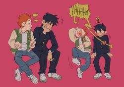 Rule 34 | !?, 2boys, arrow through heart, black hair, black jacket, black pants, blush, closed eyes, commentary, denim, english commentary, freckles, full body, gakuran, green jacket, hand on own face, heart on chest, jacket, jeans, kageyama ritsu, laughing, letterman jacket, leunfer, long sleeves, male focus, mob psycho 100, multiple boys, open clothes, open jacket, open mouth, orange hair, pants, pink background, school uniform, shirt, shoes, short hair, simple background, sitting, smile, sneakers, suzuki shou, white footwear, white shirt, yaoi