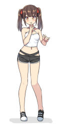 Rule 34 | 1girl, bare arms, bare shoulders, black footwear, black shorts, blush, bow, breasts, brown eyes, brown hair, camisole, closed mouth, collarbone, criss-cross halter, finger to mouth, full body, hair bow, halterneck, hands up, hatsunatsu, long hair, looking at viewer, navel, original, red bow, shadow, shoes, short shorts, short sleeves, shorts, shushing, simple background, small breasts, smile, solo, standing, twintails, white background, white camisole