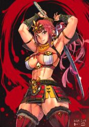 1girl 2025 abs armpits artist_name commentary dated english_commentary f.s. highres holding holding_sword holding_weapon long_hair mixed-language_commentary muscular muscular_female original panties pantyshot partially_visible_vulva ponytail red_hair signature solo sweat sword underwear weapon