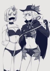 2girls awee bdsm blush bondage bound bra cape dhampir dhampir_(monster_girl_encyclopedia) flower gagged hair_flower hair_ornament half-human hat hat_feather midriff mixed_species monochrome monster_girl monster_girl_encyclopedia monster_girl_encyclopedia_ii multiple_girls panties pointy_ears ponytail short_hair shorts smile smug undead underwear vampire vampire_(monster_girl_encyclopedia) yuri