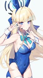 Rule 34 | 1girl, animal ears, blonde hair, blue archive, blue bow, blue eyes, blue hair, blue leotard, blush, bow, bowtie, breasts, cleavage, closed mouth, commentary, covered navel, detached collar, double v, fake animal ears, hair bow, halo, headset, highleg, highleg leotard, highres, leotard, long hair, looking at viewer, medium breasts, multicolored hair, playboy bunny, rabbit ears, simple background, solo, strapless, strapless leotard, symbol-only commentary, thighhighs, toki (blue archive), toki (bunny) (blue archive), v, very long hair, white thighhighs, wrist cuffs, yuura