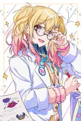 Rule 34 | 1girl, adjusting eyewear, alien, aqua ribbon, badge, bespectacled, black-framed eyewear, blonde hair, blurry, button badge, buttons, cardigan, ceiling39, coat, collared shirt, commentary request, diagonal stripes, diamond (shape), double-parted bangs, drawing, framed, get over it. (project sekai), glasses, glint, gradient hair, hair between eyes, hair over shoulder, head only, holding, holding pencil, id card, korean commentary, lab coat, lanyard, lapels, long hair, long sleeves, looking ahead, looking at viewer, mechanical pencil, multicolored hair, neck ribbon, notched lapels, official alternate costume, open clothes, open coat, open collar, paper, pencil, pink cardigan, pink eyes, pink hair, pink stripes, project sekai, ribbon, rocket, rolled up paper, round eyewear, scientist, shirt, single stripe, sleeves rolled up, solo, star (symbol), striped, striped background, tenma saki, twintails, upper body, wavy hair, white background