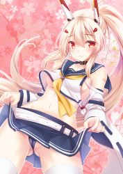 Rule 34 | 1girl, areola slip, ayanami (azur lane), azur lane, bandaid, bandaid on arm, bare shoulders, belt, black choker, blue panties, blue skirt, blush, breasts, cameltoe, choker, closed mouth, clothes lift, collarbone, commentary request, crop top, detached sleeves, flower, hair between eyes, hair ornament, headgear, high ponytail, lifting own clothes, light brown hair, long hair, long sleeves, looking at viewer, medium breasts, midriff, minakami rinka, navel, panties, partially visible vulva, pink flower, pleated skirt, ponytail, red eyes, ribbon-trimmed sleeves, ribbon trim, school uniform, serafuku, shirt, sidelocks, skirt, skirt lift, sleeveless, sleeveless shirt, smile, solo, thighhighs, underwear, very long hair, white belt, white shirt, white thighhighs, wide sleeves, yellow neckwear