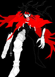 Rule 34 | 1boy, 87, absurdres, belt, black background, black hair, black pants, cloak, final fantasy, final fantasy vii, full body, gun, hair between eyes, hairband, highres, holding, holding weapon, long hair, male focus, metal gloves, pants, red cloak, red eyes, red hairband, solo, spot color, square enix, torn cloak, torn clothes, vincent valentine, weapon