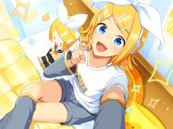 Rule 34 | 1girl, arm warmers, bed, black collar, black legwear, black shorts, blonde hair, blue eyes, bow, character doll, collar, duck print, fang, food, foreshortening, fruit, grey legwear, grey shorts, grey sleeves, hair bow, hair ornament, hairclip, headphones, kagamine rin, leg warmers, looking at viewer, neckerchief, nokuhashi, open mouth, orange (fruit), outstretched arm, pillow, sailor collar, school uniform, selfie, shirt, short hair, short shorts, short sleeves, shorts, smile, solid oval eyes, solo, sparkle, swept bangs, thighs, v, vocaloid, white bow, white shirt, yellow neckerchief