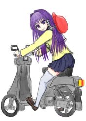 Rule 34 | 00s, 1girl, bad id, bad pixiv id, clannad, fujibayashi kyou, full body, hair intakes, helmet, loafers, long hair, looking at viewer, looking back, maeda hiromi, miniskirt, motor vehicle, motorcycle, motorcycle helmet, pleated skirt, purple eyes, purple hair, school uniform, scooter, shoes, simple background, skirt, solo, thighhighs, vehicle, zettai ryouiki