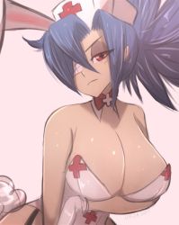 Rule 34 | + +, 1girl, alternate costume, animal ears, artist name, blue hair, breasts, cleavage, cross, detached collar, fake animal ears, hair over one eye, hat, highres, large breasts, long hair, looking at viewer, nurse cap, omiza somi, playboy bunny, ponytail, rabbit ears, rabbit tail, red cross, red eyes, skullgirls, solo, tail, valentine (skullgirls)
