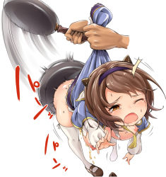 Rule 34 | 1girl, ass, bouncing breasts, breasts, breasts out, brown hair, draph, drooling, frying pan, full body, granblue fantasy, hairband, hanging breasts, horns, large breasts, motion blur, nipples, one eye closed, open mouth, orange eyes, outstretched arm, pee, peeing, shirt, shoes, short hair, solo focus, spanking, suspension, tears, ten piboshi, thighhighs, torn clothes, torn shirt, white thighhighs, wince, yaia (granblue fantasy)
