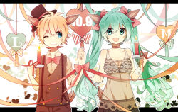 Rule 34 | 1boy, 1girl, animal ears, blonde hair, blue eyes, bow, bowtie, candle, choker, deer ears, deer tail, dress, fuuko (2679566944), green eyes, green hair, grin, hair bow, hat, hatsune miku, heart, interlocked fingers, kagamine len, letterboxed, one eye closed, open mouth, smile, suspenders, tail, top hat, twintails, vocaloid