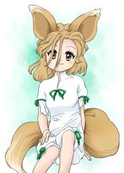 Rule 34 | 1girl, animal ears, blonde hair, blush stickers, closed mouth, fox ears, fox girl, fox tail, green ribbon, hair between eyes, kudamaki tsukasa, looking at viewer, medium hair, nonamejd, official style, ribbon, romper, short sleeves, sitting, sleeve ribbon, smile, solo, tail, touhou, white romper, yellow eyes, yellow tail, zun (style)