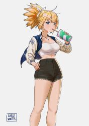Rule 34 | black shorts, blonde hair, blue eyes, breasts, carlo montie, cleavage, collarbone, denim, denim shorts, dr. stone, drinking, feet out of frame, hair ornament, hair ribbon, hand on own hip, high-waist shorts, highres, jacket, jewelry, kohaku (dr. stone), looking at viewer, medium breasts, pendant, ribbon, shorts, signature