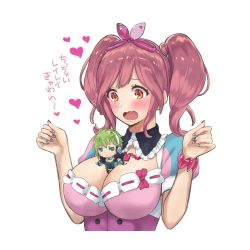 Rule 34 | 10s, 2girls, between breasts, breasts, cleavage, green hair, large breasts, macross, macross delta, makina nakajima, mini person, miniboy, minigirl, multiple girls, orange eyes, person between breasts, pink hair, reina prowler, simple background, translation request, twintails, upper body, white background
