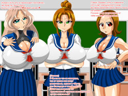 Rule 34 | 3girls, blue skirt, breasts, classroom, cleavage, collarbone, huge breasts, indoors, kaiman82, large breasts, looking at viewer, miniskirt, multiple girls, pleated skirt, russian text, school, school uniform, shirt, skirt, sleeveless, sleeveless shirt, tagme, tight clothes, white shirt