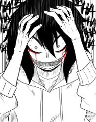 Rule 34 | black hair, blood, creepypasta, english text, hatching (texture), highres, iamghostskull, jeff the killer, monochrome, open mouth, sketch, smile, teeth, text background
