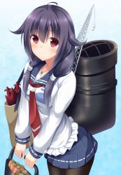Rule 34 | 10s, 1girl, ahoge, breasts, crane (machine), frills, highres, jewelry, kantai collection, long hair, looking at viewer, machinery, necklace, pantyhose, purple hair, red eyes, smile, solo, taigei (kancolle), tomoo (tomo), torpedo