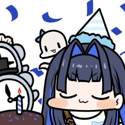 Rule 34 | 1girl, birthday cake, blue eyes, blue hair, blush, boros (ouro kronii), cake, chibi, closed eyes, closed mouth, colored inner hair, colored tips, food, hair intakes, happy birthday, hat, hololive, hololive english, jazz jack, kronie (ouro kronii), long hair, lowres, multicolored hair, ouro kronii, party hat, smile, solo, virtual youtuber