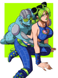 Rule 34 | 1girl, bare shoulders, black hair, braid, breasts, double bun, foot out of frame, green eyes, green hair, green lips, hair bun, highres, jojo no kimyou na bouken, kuujou jolyne, large breasts, looking at viewer, multicolored hair, parted lips, shadow, sleeveless, solo, stand (jojo), stone free, stone ocean, tina fate, two-tone hair