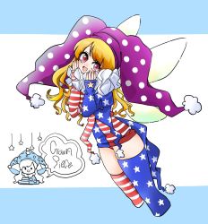 Rule 34 | 1girl, :d, adapted costume, american flag legwear, asymmetrical clothes, asymmetrical legwear, blonde hair, blue background, blush, character name, clownpiece, commentary request, cropped legs, fairy wings, fingernails, gaogaowaan, hands on own face, hat, head tilt, highres, jester cap, long hair, long sleeves, looking at viewer, neck ruff, open mouth, polka dot, pom pom (clothes), purple hat, red eyes, sleeves past wrists, smile, solo, standing, star (symbol), star print, striped background, striped clothes, striped thighhighs, thighhighs, thighs, touhou, white background, wings