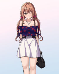 Rule 34 | 1girl, ;), alternate hairstyle, arm at side, arm behind back, arm cutout, armpit crease, bag, bang dream!, bare shoulders, belt, black belt, blouse, blue background, breasts, brown hair, buttons, cleavage, closed mouth, clothing cutout, collarbone, commentary, feet out of frame, floral print, gradient background, green eyes, hair between eyes, hair ornament, hair scrunchie, handbag, heart, heart necklace, high-waist skirt, highres, holding, holding bag, imai lisa, jewelry, looking at viewer, low twintails, medium breasts, miniskirt, necklace, o-ring, o-ring belt, one eye closed, pink background, print shirt, ptal, purple shirt, red scrunchie, rose print, scrunchie, shirt, short sleeves, sidelocks, skirt, smile, solo, spaghetti strap, standing, symbol-only commentary, twintails, white skirt
